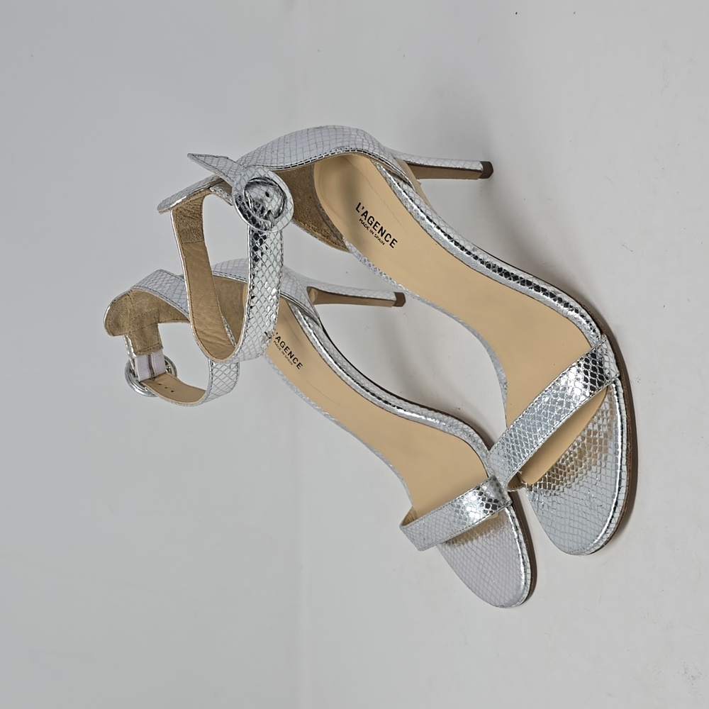 L'agenge Gisele Ankle Strap Silver Heel Sandals Size 41